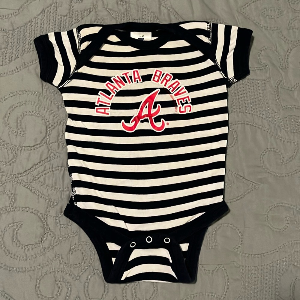 Soft as a Grape 6 Mo Atlanta Braves White, Blue Striped Baby Onesie